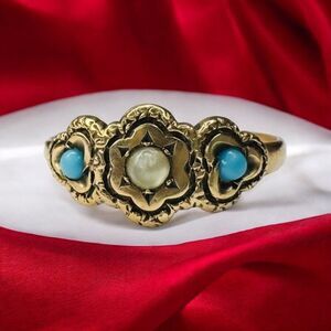 Antique 10k Gold Turquoise Seed Pearl Ring Sz 5.25 Three Stone Flower Ring 1.1g